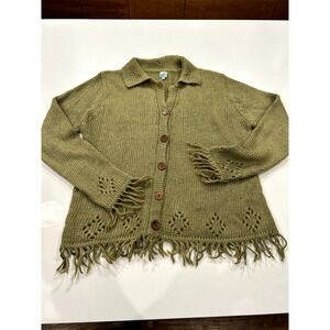 CUBIX VINTAGE LADIES CARDIGAN SWEATER OLIVE GREEN FRINGE MOHAIR LINEN BLEND M